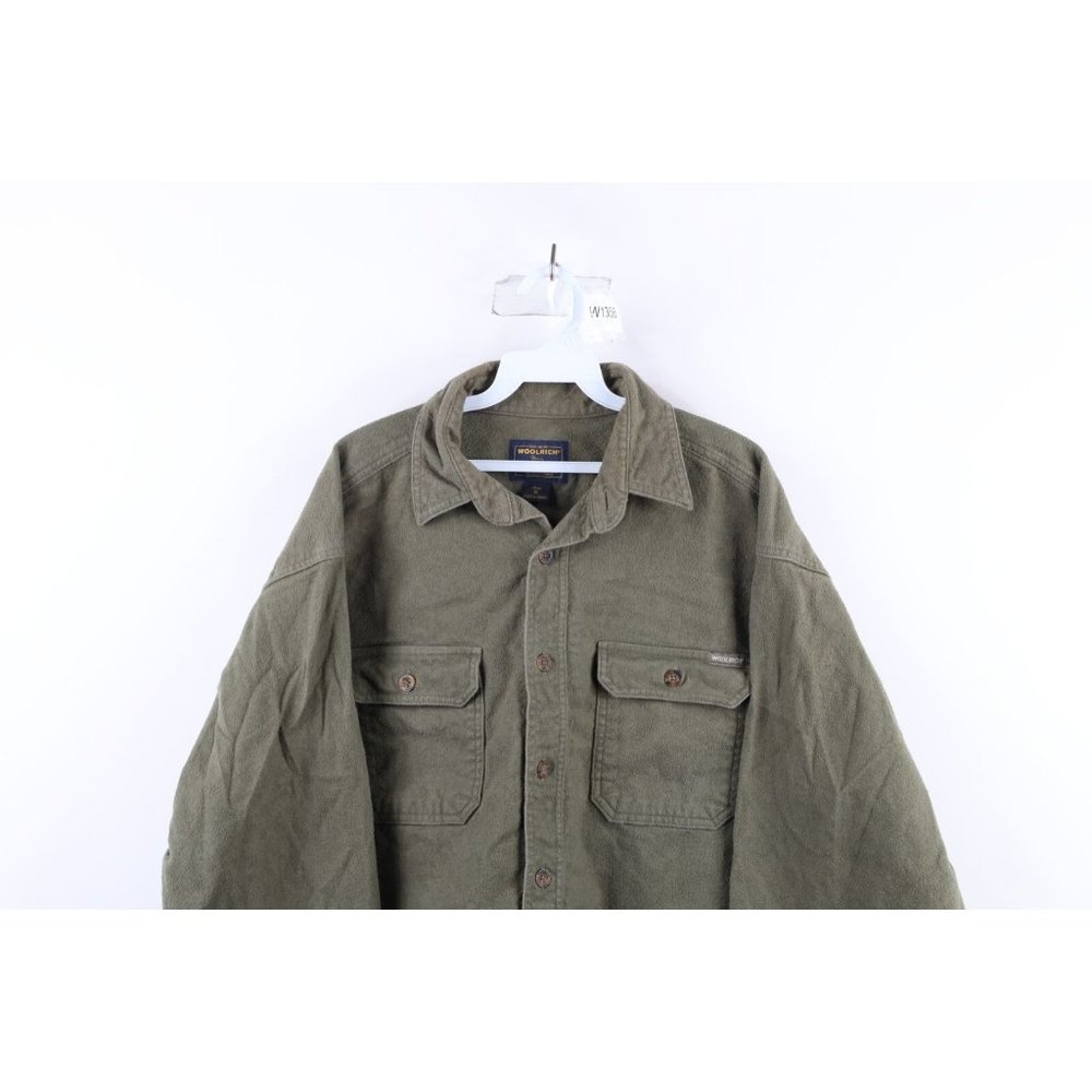 Vintage 90s Woolrich Mens XL Faded Heavyweight Chamois Cloth Button Shirt Green - Picture 2 of 11